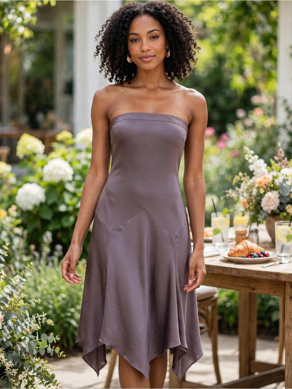 Warehouse 100% Silk Strapless Mauve Midi Dress 8 Handkerchief Hem Lilac Wedding